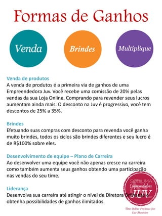 Formas de Ganhos

Venda de produtos
A venda de produtos é a primeira via de ganhos de uma
Empreendedora Juv. Você recebe uma comissão de 20% pelas
vendas da sua Loja Online. Comprando para revender seus lucros
aumentam ainda mais. O desconto na Juv é progressivo, você tem
descontos de 25% a 35%.
Brindes
Efetuando suas compras com desconto para revenda você ganha
muito brindes, todos os ciclos são brindes diferentes e seu lucro é
de R$100% sobre eles.
Desenvolvimento de equipe – Plano de Carreira
Ao desenvolver uma equipe você não apenas cresce na carreira
como também aumenta seus ganhos obtendo uma participação
nas vendas do seu time.
Liderança
Desenvolva sua carreira até atingir o nível de Diretora Brilhante e
obtenha possibilidades de ganhos ilimitados.

 