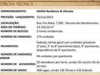 FICHA TÉCNICA
EMPREENDIMENTO: DAMAI Residence & Lifestyle
PREVISÃO LANÇAMENTO: 25/out/2013
LOCALIZAÇÃO: Rua Tim Maia, 7.285 - Recreio dos Bandeirantes
ÁREA DO TERRENO: 10.150,50 m²
NÚMERO DE BLOCOS: 5 torres residenciais
NÚMERO DE UNIDADES: 174 unidades
PAVIMENTOS:
Subsolo, térreo geral com unidades privativas
(1°pav), 2° ao 8° pavimento (tipo), 9° pavimento,
dependência do 9° pavimento
NÚMERO DE UNIDADES/
ANDAR:
04 unidades por pavimento
NÚMERO DE LEEVADORES:
02 elevadores por torre, sendo: 01 social e 01 de
serviço.
NÚMERO DE VAGAS: 368 vagas, sendo 136 Térreo e 232 Subsolo
 