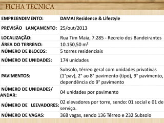 FICHA TÉCNICA
EMPREENDIMENTO: DAMAI Residence & Lifestyle
PREVISÃO LANÇAMENTO: 25/out/2013
LOCALIZAÇÃO: Rua Tim Maia, 7.285 - Recreio dos Bandeirantes
ÁREA DO TERRENO: 10.150,50 m²
NÚMERO DE BLOCOS: 5 torres residenciais
NÚMERO DE UNIDADES: 174 unidades
PAVIMENTOS:
Subsolo, térreo geral com unidades privativas
(1°pav), 2° ao 8° pavimento (tipo), 9° pavimento,
dependência do 9° pavimento
NÚMERO DE UNIDADES/
ANDAR:
04 unidades por pavimento
NÚMERO DE LEEVADORES:
02 elevadores por torre, sendo: 01 social e 01 de
serviço.
NÚMERO DE VAGAS: 368 vagas, sendo 136 Térreo e 232 Subsolo
 