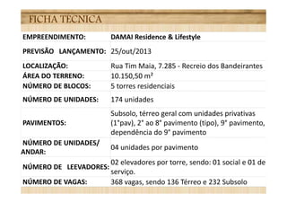 FICHA TÉCNICA
EMPREENDIMENTO: DAMAI Residence & Lifestyle
PREVISÃO LANÇAMENTO: 25/out/2013
LOCALIZAÇÃO: Rua Tim Maia, 7.285 - Recreio dos Bandeirantes
ÁREA DO TERRENO: 10.150,50 m²
NÚMERO DE BLOCOS: 5 torres residenciais
NÚMERO DE UNIDADES: 174 unidades
PAVIMENTOS:
Subsolo, térreo geral com unidades privativas
(1°pav), 2° ao 8° pavimento (tipo), 9° pavimento,
dependência do 9° pavimento
NÚMERO DE UNIDADES/
ANDAR:
04 unidades por pavimento
NÚMERO DE LEEVADORES:
02 elevadores por torre, sendo: 01 social e 01 de
serviço.
NÚMERO DE VAGAS: 368 vagas, sendo 136 Térreo e 232 Subsolo
 