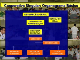 Cooperativa Singular: Organograma BásicoCooperativa Singular: Organograma Básico
ASSEMBLÉIA GERAL
CONSELHO DE
ADMINISTRAÇÃO
CONSELHOF
ISCAL
DIRETORIA
EXECUTIVA
GERÊNCIA
CONTROLLER
SETOR DE
CRÉDITO
SETOR DE
CAPTAÇÃO
SETOR
FINANCEIRO
 