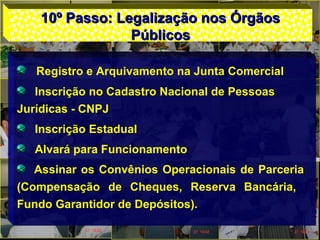 10º Passo: Legalização nos Órgãos10º Passo: Legalização nos Órgãos
PúblicosPúblicos
Registro e Arquivamento na Junta Comercial
Inscrição no Cadastro Nacional de Pessoas
Jurídicas - CNPJ
Inscrição Estadual
Alvará para Funcionamento
Assinar os Convênios Operacionais de Parceria
(Compensação de Cheques, Reserva Bancária,
Fundo Garantidor de Depósitos).
 