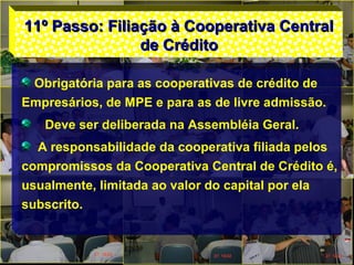 11º Passo: Filiação à Cooperativa Central11º Passo: Filiação à Cooperativa Central
de Créditode Crédito
Obrigatória para as cooperativas de crédito de
Empresários, de MPE e para as de livre admissão.
Deve ser deliberada na Assembléia Geral.
A responsabilidade da cooperativa filiada pelos
compromissos da Cooperativa Central de Crédito é,
usualmente, limitada ao valor do capital por ela
subscrito.
 