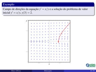 Exemplo
Campo de direções da equação y = x/y e a solução do problema de valor
inicial y = x/y, y(3) = 2.
Elton (UFLA) Bifurcações 18 / 59
 