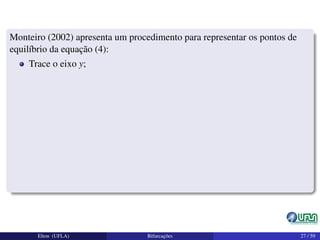 Monteiro (2002) apresenta um procedimento para representar os pontos de
equilíbrio da equação (4):
Trace o eixo y;
Elton (UFLA) Bifurcações 27 / 59
 