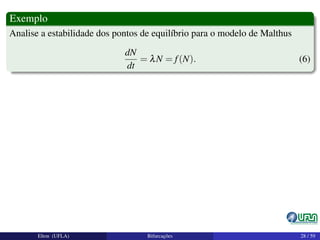 Exemplo
Analise a estabilidade dos pontos de equilíbrio para o modelo de Malthus
dN
dt
= λN = f(N). (6)
Elton (UFLA) Bifurcações 28 / 59
 
