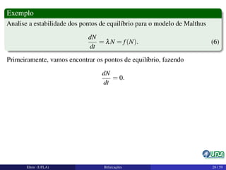 Exemplo
Analise a estabilidade dos pontos de equilíbrio para o modelo de Malthus
dN
dt
= λN = f(N). (6)
Primeiramente, vamos encontrar os pontos de equilíbrio, fazendo
dN
dt
= 0.
Elton (UFLA) Bifurcações 28 / 59
 