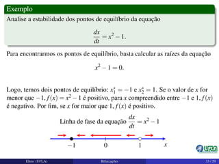 Exemplo
Analise a estabilidade dos pontos de equilíbrio da equação
dx
dt
= x2
−1.
Para encontrarmos os pontos de equilíbrio, basta calcular as raízes da equação
x2
−1 = 0.
Logo, temos dois pontos de equilíbrio: x∗
1 = −1 e x∗
2 = 1. Se o valor de x for
menor que −1, f(x) = x2 −1 é positivo, para x compreendido entre −1 e 1, f(x)
é negativo. Por ﬁm, se x for maior que 1, f(x) é positivo.
Linha de fase da equação
dx
dt
= x2 −1
−1 0 1 x
Elton (UFLA) Bifurcações 33 / 59
 