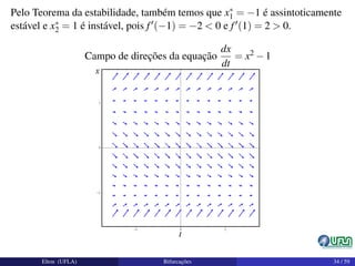 Pelo Teorema da estabilidade, também temos que x∗
1 = −1 é assintoticamente
estável e x∗
2 = 1 é instável, pois f (−1) = −2 < 0 e f (1) = 2 > 0.
Campo de direções da equação
dx
dt
= x2 −1
Elton (UFLA) Bifurcações 34 / 59
 