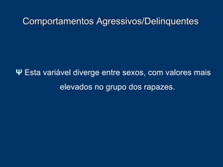 Comportamentos Agressivos/Delinquentes Ψ   E sta variável diverge entre sexos, com valores mais elevados no grupo dos rapazes. 