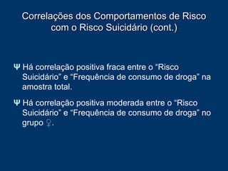 Correlações dos Comportamentos de Risco com o Risco Suicidário (cont.) Ψ  Há correlação positiva fraca entre o “Risco Suicidário” e “Frequência de consumo de droga” na amostra total. Ψ  Há correlação positiva moderada entre o “Risco Suicidário” e “Frequência de consumo de droga” no grupo  ♀ . 