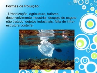 Formas de Poluição:
- Urbanização, agricultura, turismo,
desenvolvimento industrial, despejo de esgoto
não tratado, dejetos industriais, falta de infraestrutura costeira;

 