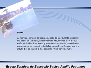 Marés As marés dependem da posição do sol e da lua. Durante a viagem, era época de Lua Nova, época de maré alta, quando o Sol e a Lua estão alinhados. Suas forças gravitacionais se somam, fazendo com que o mar se eleve na direção da lua e do sol. Isso fez com que em alguns dias da viagem o mar estivesse “mais perto da rua”. 
