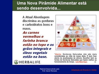 Material Desenvolvido pelo
Prof. David Menezes
*Alerta: Gorduras Saturadas não são mais
consideradas as vilãs da nossa dieta. É bom ﬁcar
atento às atualizações da ciência. Escolher bem as
fontes de Gorduras Saturadas que fazem melhor ao
funcionamento do Corpo. Leia Mais Aqui.
Adaptação de Ricardo H. Valdés
 