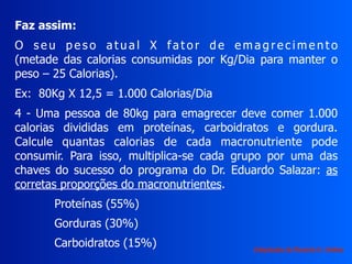 Faz assim:
O s e u p e s o a t u a l X f a t o r d e e m a g r e c i m e n t o
(metade das calorias consumidas por Kg/Dia para manter o
peso – 25 Calorias).
Ex: 80Kg X 12,5 = 1.000 Calorias/Dia
4 - Uma pessoa de 80kg para emagrecer deve comer 1.000
calorias divididas em proteínas, carboidratos e gordura.
Calcule quantas calorias de cada macronutriente pode
consumir. Para isso, multiplica-se cada grupo por uma das
chaves do sucesso do programa do Dr. Eduardo Salazar: as
corretas proporções do macronutrientes.
Proteínas (55%)
Gorduras (30%)
Carboidratos (15%) Adaptação de Ricardo H. Valdés
 