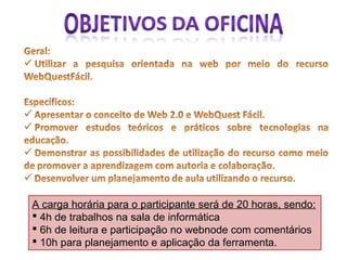 A carga horária para o participante será de 20 horas, sendo:
 4h de trabalhos na sala de informática
 6h de leitura e participação no webnode com comentários
 10h para planejamento e aplicação da ferramenta.

 