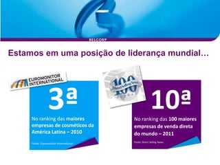 Estamos em uma posição de liderança mundial…




                 3ª
     No ranking das maiores
                                                      10ª
                                        No ranking das 100 maiores
     empresas de cosméticos da          empresas de venda direta
     América Latina – 2010              do mundo – 2011
                                        Fonte: Direct Selling News
     Fonte: Euromonitor international
 