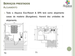 Serviços prestadosAlojamentoTodo o Alqueva Eco-Resort & SPA terá como alojamento casas de madeira (Bungalows). Haverá dez unidades de alojamento. T1T0