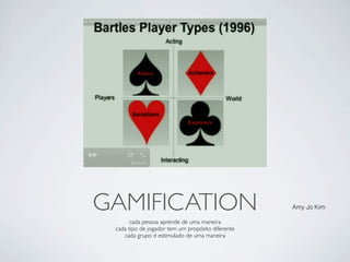 GAMIFICATION                                       Amy Jo Kim

       cada pessoa aprende de uma maneira
 cada tipo de jogador tem um propósito diferente
    cada grupo é estimulado de uma maneira
 