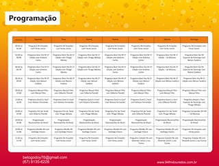 Programação

 Horário             Segunda                    Terça                    Quarta                     Quinta                     Sexta                     Sábado                     Domingo


 00:00 às      Programa 94 Emoções       Programa 94 Emoções      Programa 94 Emoções        Programa 94 Emoções       Programa 94 Emoções        Programa 94 Emoções       Programa 94 Emoções com
  02:00          com Farias Junior         com Farias Junior        com Farias Junior          com Farias Junior         com Farias Junior          com Farias Junior             Farias Junior

 02:00 às     Programa Bom Dia 94 1ª    Programa Bom Dia 94 1ª    Programa Bom Dia 94 1ª    Programa Bom Dia 94 1ª    Programa Bom Dia 94 1ª     Programa Bom Dia 94 1ª        Programa Bom Dia 94
  06:00         Edição com Antônio         Edição com Thiago     Edição com Thiago Wésley     Edição com Antônio        Edição com Antônio         Edição – Só Músicas       Especial de Domingo com
                       Carlos                   Wésley                                               Carlos                    Carlos                                             Nelson Sudário


 06:00 às     Programa Bom Dia 94 1ª    Programa Bom Dia 94 1ª    Programa Bom Dia 94 1ª    Programa Bom Dia 94 1ª    Programa Bom Dia 94 1ª     Programa Bom Dia 94 1ª        Programa Bom Dia 94
  06:30         Edição com Antônio         Edição com Thiago     Edição com Thiago Wésley     Edição com Antônio        Edição com Antônio         Edição – Só Músicas       Especial de Domingo com
                       Carlos                   Wésley                                               Carlos                    Carlos                                             Nelson Sudário

 06:30 às     Programa Bom Dia 94 2ª    Programa Bom Dia 94 2ª   Programa Bom Dia 94 2ª     Programa Bom Dia 94 2ª    Programa Bom Dia 94 2ª     Programa Bom Dia 94 2ª      Programa Bom Dia 94 2ª
  09:00          Edição com Nelson         Edição com Nelson        Edição com Nelson          Edição com Nelson         Edição com Nelson      Edição com Nelson Sudário   Edição com Nelson Sudário
                      Sudário                   Sudário                  Sudário                    Sudário                   Sudário


 09:00 às      Programa Marçal Filho    Programa Marçal Filho     Programa Marçal Filho      Programa Marçal Filho     Programa Marçal Filho      Programa Marçal Filho     Programa Marçal Filho com
  13:00          com Marçal Filho        com Gilberto Piere        com Gilberto Piere         com Gilberto Piere         com Marçal Filho           com Marçal Filho               Marçal Filho


 13:00 às     Programa Qual é a Sua?    Programa Qual é a Sua?    Programa Qual é a Sua?    Programa Qual é a Sua?    Programa Qual é a Sua?     Programa Qual é a Sua?       Programa Disque e Toca
  16:00       com Keliana Fernandes     com Keliana Fernandes     com Keliana Fernandes     com Keliana Fernandes     com Keliana Fernandes       com Gilberto Piere         Especial de Domingo com
                                                                                                                                                                                  Thiago Wésley

 16:00 às     Programa Fim de Tarde     Programa Fim de Tarde     Programa Fim de Tarde     Programa Fim de Tarde      Programa Fim de Tarde     Programa Fim de Tarde      Programa Sertanejão 94 FM
  19:00        com Gilberto Piere         com Thiago Wésley         com Thiago Wésley         com Thiago Wésley         com Gilberto Piere         com Thiago Wésley              – Só Músicas

 19:00 às          Programação              Programação               Programação                Programação               Programação          Programação Nacional/Voz    Programação Nacional/Voz
  20:00        Nacional/Voz do Brasil   Nacional/Voz do Brasil    Nacional/Voz do Brasil     Nacional/Voz do Brasil    Nacional/Voz do Brasil           do Brasil                   do Brasil


 20:00 às     Programa Modão 94 com      Programa Modão 94       Programa Modão 94 com      Programa Modão 94 com     Programa Modão 94 com     Programa Modão 94 com       Programa 94 Emoções com
  22:00           San ago Franco         com San ago Franco          San ago Franco             San ago Franco            San ago Franco            San ago Franco                Farias Junior

 22:00 às      Programa 94 Emoções       Programa 94 Emoções      Programa 94 Emoções        Programa 94 Emoções      Programa Estação 94 com   Programa Estação 94 com      Programa Estação 94 com
  23:59          com Farias Junior         com Farias Junior        com Farias Junior          com Farias Junior        Resende Junior e sua      Resende Junior e sua      Resende Junior e sua Turma
                                                                                                                              Turma                     Turma




            betogodoy76@gmail.com
            (67) 9135-6226                                                                                                                       www.94fmdourados.com.br
 