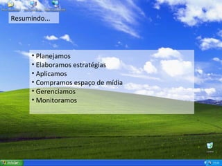 Resumindo... Planejamos Elaboramos estratégias Aplicamos Compramos espaço de mídia Gerenciamos  Monitoramos 