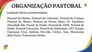 Pastoral do Dízimo, Pastoral dos Enfermos, Pastoral da Criança,
Pastoral do Menor, Pastoral da Pessoa Idosa, Os Vicentinos
(Sociedade São Vicente de Paula), Pastoral da AIDS, Pastoral da
Saúde, Pastoral Carcerária, Pastoral da Sobriedade, GEV (Grupo
Esperança Viva), Instituto Pró-vida, Cáritas, Ama, Movimento
Bom Pastor, Pastoral dos Surdos.
 