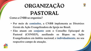 • Por meio de comissões, a CNBB implementa as Diretrizes
Gerais da Ação Evangelizadora da Igreja no Brasil.
• Elas atuam em conjunto com o Conselho Episcopal de
Pastoral (CONSEP), auxiliando os Bispos na Ação
Evangelizadora em âmbito nacional; e individualmente, no seu
respectivo campo de atuação.
 