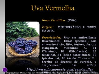 Uva Vermelha
Nome Científico: (Vitis).
Origem:
DA ÁSIA.

MEDITERRÂNEO E NORTE

Propriedades: Rico em antioxidante
(flavonóides), fibras (pectina), sais
minerais(cálcio, lítio, fósforo, ferro e
manganês),
vitaminas
A,
B1
(Tiamina),
B2
(Riboflavina),
B3
(Niacina), B4 (ácido pantatênico), B6
(piridoxina), B9 (ácido fólico) e C .
Previne as doenças do coração, o
enrijecimento
das
artéria
(arteriosclerose), baixa o colesterol
http://www.br.monavie.com/rep/muller
ruim (LDL) e eleva o bom colesterol
Os produtos da MonaVie não têm intenção de curar, tratar ou prevenir qualquer doença ou situação médica.

 
