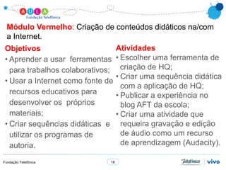 Módulo Vermelho: Criação de conteúdos didáticos na/com
  a Internet.
 Objetivos                       Atividades
 • Aprender a usar ferramentas • Escolher uma ferramenta de
   para trabalhos colaborativos; criação de HQ;
                                 • Criar uma sequência didática
 • Usar a Internet como fonte de
                                   com a aplicação de HQ;
   recursos educativos para      • Publicar a experiência no
   desenvolver os próprios         blog AFT da escola;
   materiais;                    • Criar uma atividade que
 • Criar sequências didáticas e requeira gravação e edição
   utilizar os programas de        de áudio como um recurso
   autoria.                        de aprendizagem (Audacity).

Fundação Telefônica            18
 