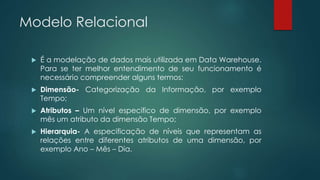 Modelo Relacional
 É a modelação de dados mais utilizada em Data Warehouse.
Para se ter melhor entendimento de seu funcionamento é
necessário compreender alguns termos:
 Dimensão- Categorização da Informação, por exemplo
Tempo;
 Atributos – Um nível especifico de dimensão, por exemplo
mês um atributo da dimensão Tempo;
 Hierarquia- A especificação de níveis que representam as
relações entre diferentes atributos de uma dimensão, por
exemplo Ano – Mês – Dia.
 
