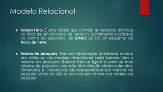 Modelo Relacional
 Tabela Fato- É uma tabela que contém as medidas, métricas
ou fatos de um processo de negócio. Geralmente localiza-se
no centro de esquema de Estrela ou de um esquema de
Floco de neve.
 Tabela de pesquisa- Fornece informação detalhada acerca
dos atributos. Um modelo dimensional inclui tabelas fato e
tabelas de pesquisa. Tabelas fato se ligam a uma ou mais
tabelas de pesquisa, mas não têm relação direta entre elas.
Dimensões e hierarquias são representadas por tabelas de
pesquisa. Atributos são as colunas sem chave nas tabelas de
pesquisa.
 