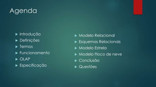 Agenda
 Introdução
 Definições
 Termos
 Funcionamento
 OLAP
 Especificação
 Modelo Relacional
 Esquemas Relacionais
 Modelo Estrela
 Modelo Floco de neve
 Conclusão
 Questões
 