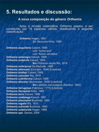 5. Resultados e discussão:
A nova composição do gêneroA nova composição do gênero OrthemisOrthemis
Após a revisão sistemáticaApós a revisão sistemática OrthemisOrthemis passou a serpassou a ser
constituído por 18 espécies válidas, obedecendo à seguinteconstituído por 18 espécies válidas, obedecendo à seguinte
classificação:classificação:
OrthemisOrthemis Hagen, 1861Hagen, 1861
SinSin NeocystaNeocysta Kirby, 1889Kirby, 1889
Orthemis aequilibrisOrthemis aequilibris Calvert, 1909Calvert, 1909
com ´forma azul”com ´forma azul”
com “forma vermelha”com “forma vermelha”
Orthemis ambinigraOrthemis ambinigra Calvert, 1909Calvert, 1909
Orthemis ambirufaOrthemis ambirufa Calvert, 1909Calvert, 1909
SinSin Orthemis sibyllaOrthemis sibylla Ris, 1919Ris, 1919
Orthemis anthracinaOrthemis anthracina De Marmels, 1989De Marmels, 1989
Orthemis attenuataOrthemis attenuata (Erichson, 1848) [(Erichson, 1848) [LibellulaLibellula]]
Orthemis biolleyiOrthemis biolleyi Calvert, 1906Calvert, 1906
Orthemis concolorOrthemis concolor Ris, 1919Ris, 1919
Orthemis cultriformisOrthemis cultriformis Calvert, 1899Calvert, 1899
Orthemis discolorOrthemis discolor (Burmeister, 1839) [(Burmeister, 1839) [LibellulaLibellula]]
SinSin Libellula macrostigmaLibellula macrostigma (Rambur, 1842)(Rambur, 1842)
Orthemis ferrugineaOrthemis ferruginea (Fabricius, 1775) [(Fabricius, 1775) [LibellulaLibellula]]
Orthemis flavopictaOrthemis flavopicta Kirby, 1889Kirby, 1889
Orthemis levisOrthemis levis Calvert, 1906Calvert, 1906
Orthemis nodiplagaOrthemis nodiplaga Karsch, 1891Karsch, 1891
Orthemis plaumanniOrthemis plaumanni Buchholz, 1950Buchholz, 1950
Orthemis regalisOrthemis regalis Ris, 1910Ris, 1910
Orthemis schmidtiOrthemis schmidti Buchholz, 1950Buchholz, 1950
Orthemis sulphurataOrthemis sulphurata Hagen, 1868Hagen, 1868
Orthemis spn.Orthemis spn. Santos, 2004Santos, 2004
 