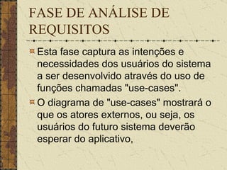FASE DE ANÁLISE DE REQUISITOS Esta fase captura as intenções e necessidades dos usuários do sistema a ser desenvolvido através do uso de funções chamadas "use-cases".  O diagrama de "use-cases" mostrará o que os atores externos, ou seja, os usuários do futuro sistema deverão esperar do aplicativo,  