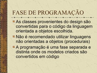 FASE DE PROGRAMAÇÃO As classes provenientes do design são convertidas para o código da linguagem orientada a objetos escolhida. Não é recomendado utilizar linguagens não orientadas a objetos (procedurais) A programação é uma fase separada e distinta onde os modelos criados são convertidos em código   