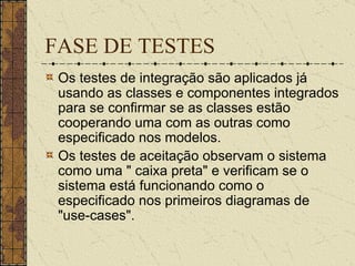 FASE DE TESTES Os testes de integração são aplicados já usando as classes e componentes integrados para se confirmar se as classes estão cooperando uma com as outras como especificado nos modelos.  Os testes de aceitação observam o sistema como uma " caixa preta" e verificam se o sistema está funcionando como o especificado nos primeiros diagramas de "use-cases".  