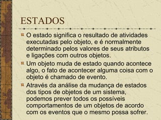 ESTADOS O estado significa o resultado de atividades executadas pelo objeto, e é normalmente determinado pelos valores de seus atributos e ligações com outros objetos. Um objeto muda de estado quando acontece algo, o fato de acontecer alguma coisa com o objeto é chamado de evento.  Através da análise da mudança de estados dos tipos de objetos de um sistema, podemos prever todos os possíveis comportamentos de um objetos de acordo com os eventos que o mesmo possa sofrer.  