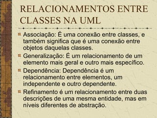 RELACIONAMENTOS ENTRE CLASSES NA UML Associação: É uma conexão entre classes, e também significa que é uma conexão entre objetos daquelas classes.  Generalização: É um relacionamento de um elemento mais geral e outro mais específico. Dependência: Dependência é um relacionamento entre elementos, um independente e outro dependente. Refinamento é um relacionamento entre duas descrições de uma mesma entidade, mas em níveis diferentes de abstração.   
