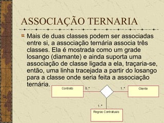 ASSOCIAÇÃO TERNARIA Mais de duas classes podem ser associadas entre si, a associação ternária associa três classes. Ela é mostrada como um grade losango (diamante) e ainda suporta uma associação de classe ligada a ela, traçaria-se, então, uma linha tracejada a partir do losango para a classe onde seria feita a associação ternária. 