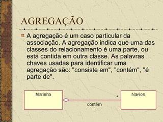 AGREGAÇÃO A agregação é um caso particular da associação. A agregação indica que uma das classes do relacionamento é uma parte, ou está contida em outra classe. As palavras chaves usadas para identificar uma agregação são: "consiste em", "contém", "é parte de".  
