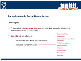 Aprendizados do Portal Busca Jovem Constatações: O mercado  é relativamente tolerante  em relação à formação técnica dos jovens que buscam o 1º emprego. Mas não o é  em relação a: Habilidades básicas de leitura e escrita Aspectos comportamentais Responsabilidade Criatividade Capacidade de resolução de problemas Trabalho em equipe Relacionamento Iniciativa Comunicação Persistência Disciplina... 