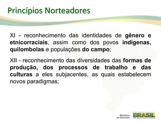 17
XI - reconhecimento das identidades de gênero e
etnicorraciais, assim como dos povos indígenas,
quilombolas e populações do campo;
XII - reconhecimento das diversidades das formas de
produção, dos processos de trabalho e das
culturas a eles subjacentes, as quais estabelecem
novos paradigmas;
Princípios Norteadores
 