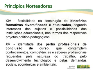 XIV - flexibilidade na construção de itinerários
formativos diversificados e atualizados, segundo
interesses dos sujeitos e possibilidades das
instituições educacionais, nos termos dos respectivos
projetos político-pedagógicos;
XV - identidade dos perfis profissionais de
conclusão de curso, que contemplem
conhecimentos, competências e saberes profissionais
requeridos pela natureza do trabalho, pelo
desenvolvimento tecnológico e pelas demandas
sociais, econômicas e ambientais;
19
Princípios Norteadores
 