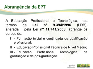 Abrangência da EPT
A Educação Profissional e Tecnológica, nos
termos da Lei nº 9.394/1996 (LDB),
alterada pela Lei nº 11.741/2008, abrange os
cursos de:
I - Formação inicial e continuada ou qualificação
profissional;
II - Educação Profissional Técnica de Nível Médio;
III - Educação Profissional Tecnológica, de
graduação e de pós-graduação.
 