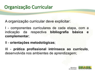 A organização curricular deve explicitar:
I - componentes curriculares de cada etapa, com a
indicação da respectiva bibliografia básica e
complementar;
II - orientações metodológicas;
III - prática profissional intrínseca ao currículo,
desenvolvida nos ambientes de aprendizagem;
51
Organização Curricular
 