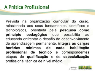 A Prática Profissional
Prevista na organização curricular do curso,
relacionada aos seus fundamentos científicos e
tecnológicos, orientada pela pesquisa como
princípio pedagógico que possibilita ao
educando enfrentar o desafio do desenvolvimento
da aprendizagem permanente, integra as cargas
horárias mínimas de cada habilitação
profissional de técnico e correspondentes
etapas de qualificação e de especialização
profissional técnica de nível médio.
59
 