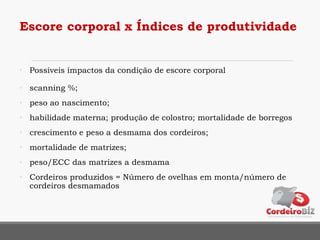• Possíveis ímpactos da condição de escore corporal
• scanning %;
• peso ao nascimento;
• habilidade materna; produção de colostro; mortalidade de borregos
• crescimento e peso a desmama dos cordeiros;
• mortalidade de matrizes;
• peso/ECC das matrizes a desmama
• Cordeiros produzidos = Número de ovelhas em monta/número de
cordeiros desmamados
Escore corporal x Índices de produtividade
 