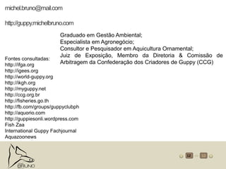 MB 12 de 2012
michel.bruno@mail.com
http://guppy.michelbruno.com
Graduado em Gestão Ambiental;
Especialista em Agronegócio;
Consultor e Pesquisador em Aquicultura Ornamental;
Juiz de Exposição, Membro da Diretoria & Comissão de
Arbitragem da Confederação dos Criadores de Guppy (CCG)
Fontes consultadas:
http://ifga.org
http://igees.org
http://world-guppy.org
http://ikgh.org
http://myguppy.net
http://ccg.org.br
http://fisheries.go.th
http://fb.com/groups/guppyclubph
http://aquorio.com
http://guppiesonli.wordpress.com
Fish Zaa
International Guppy Fachjournal
Aquazoonews
 