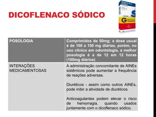 DICOFLENACO SÓDICO
POSOLOGIA Comprimidos de 50mg: a dose usual
é de 100 a 150 mg diárias, porém, no
uso clínico em odontologia, a melhor
posologia é a de 12 em 12 horas
(100mg diários)
INTERAÇÕES
MEDICAMENTOSAS
A administração concomitante de AINEs
sistêmicos pode aumentar a frequência
de reações adversas.
Diuréticos - assim como outros AINEs,
pode inibir a atividade de diuréticos
Anticoagulantes podem elevar o risco
de hemorragia, quando usados
juntamente com o dicoflenaco sódico.
 