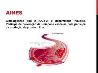 AINES
Cicloxigenase tipo 2 (COX-2) é denominada induzida.
Participa da prevenção de trombose vascular, pois participa
da produção de prostaciclina;
 